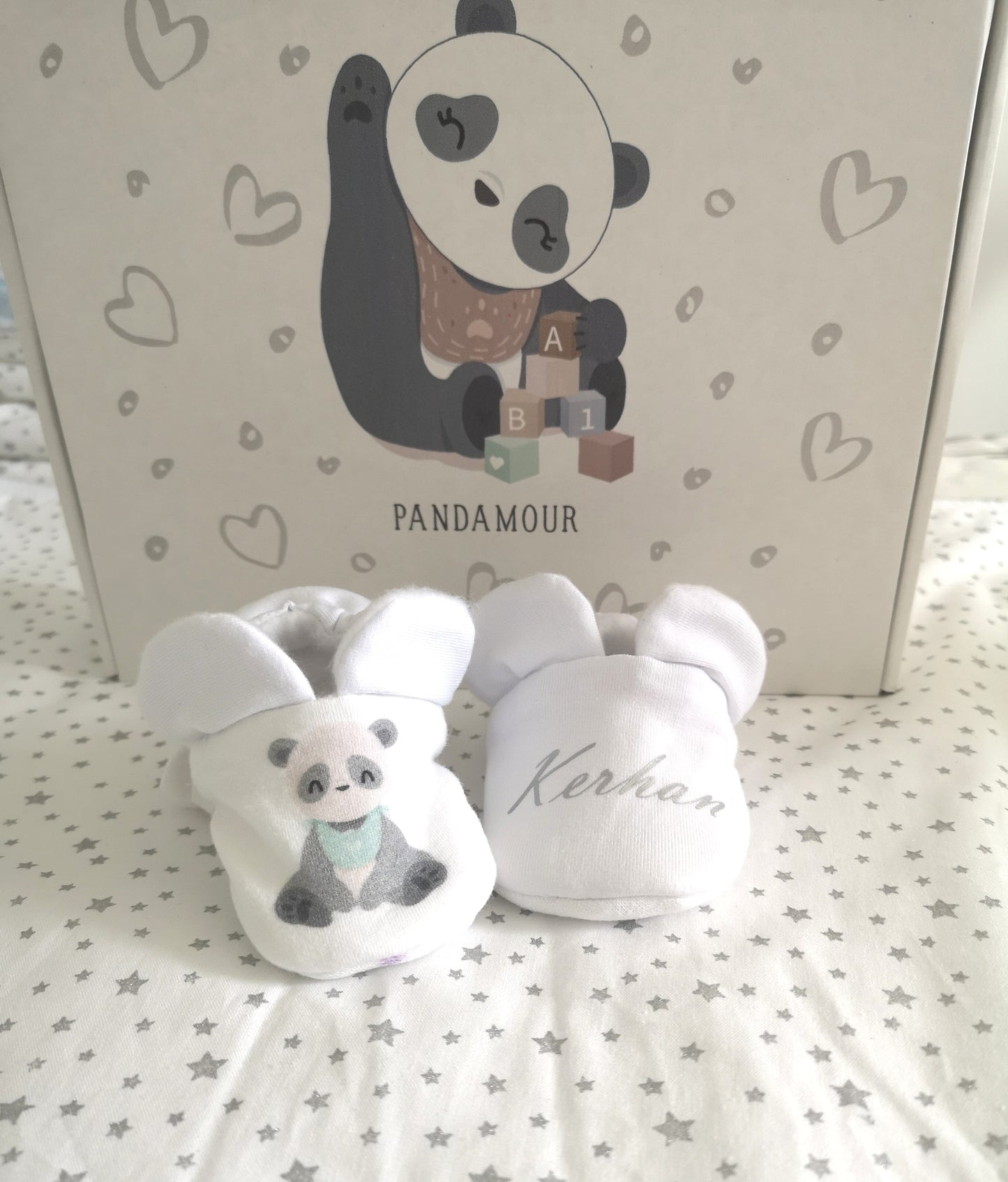 Chaussons bébé panda bleu personnalisés